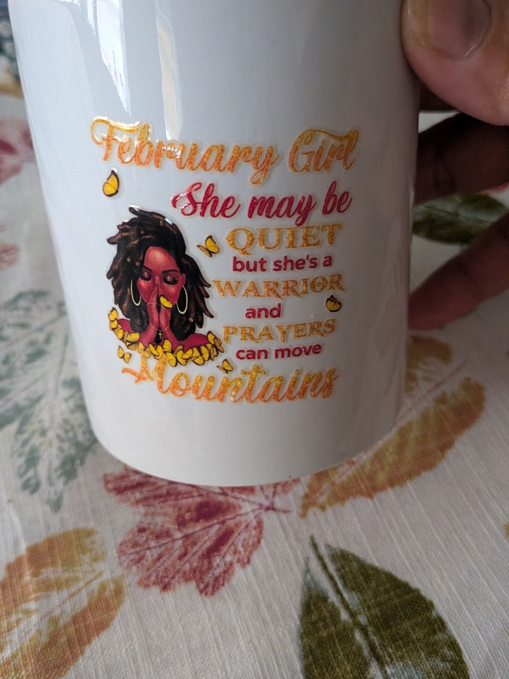 February Girl Prayer Warrior White Ceramic Mug with Yellow and Red Accents